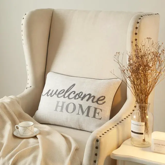 Alt view image 3 of 5 - Mainstays Decorative Pillow, Gray, 14 in x 20 in, Adult, Welcome Home Embroidered Faux Linen