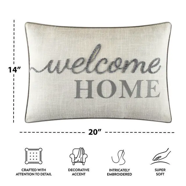 Alt view image 4 of 5 - Mainstays Decorative Pillow, Gray, 14 in x 20 in, Adult, Welcome Home Embroidered Faux Linen