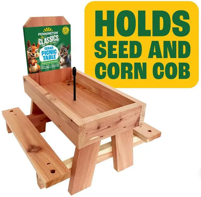 Main image of Pennington Red Cedar Picnic Table Squirrel Feeder, 9"x10"x9", Holds Corn, Nuts and Seeds, 1 Squirrel Feeder Picnic Table