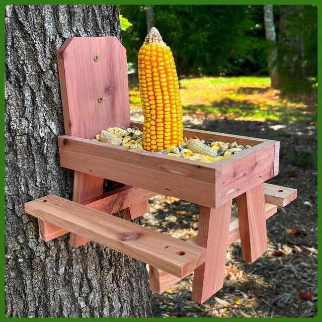 Alt view image 4 of 6 - Pennington Red Cedar Picnic Table Squirrel Feeder, 9"x10"x9", Holds Corn, Nuts and Seeds, 1 Squirrel Feeder Picnic Table