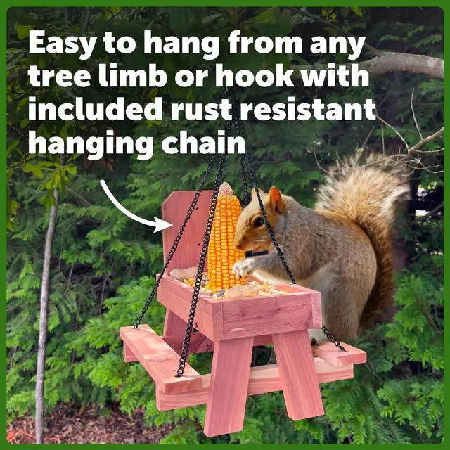 Alt view image 2 of 6 - Pennington Red Cedar Picnic Table Squirrel Feeder, 9"x10"x9", Holds Corn, Nuts and Seeds, 1 Squirrel Feeder Picnic Table