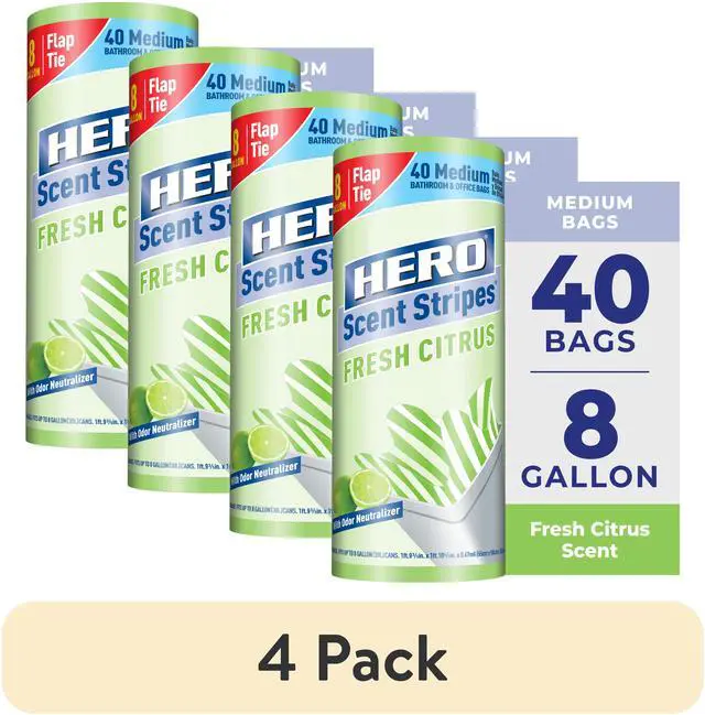 Main image of Hero Scent Stripes 8-Gallon Citrus Scented Medium Flap Tie Trash Bags, 40 Count, 4 Pack