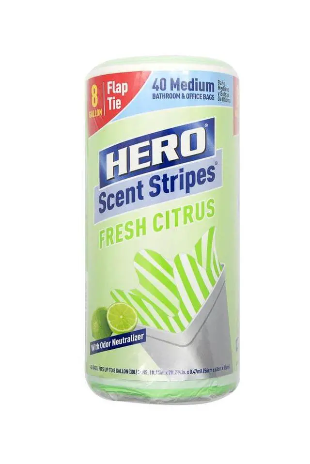 Alt view image 7 of 7 - Hero Scent Stripes 8-Gallon Citrus Scented Medium Flap Tie Trash Bags, 40 Count, 4 Pack