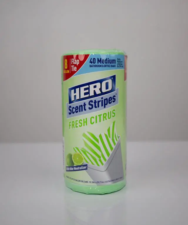Alt view image 2 of 7 - Hero Scent Stripes 8-Gallon Citrus Scented Medium Flap Tie Trash Bags, 40 Count, 4 Pack