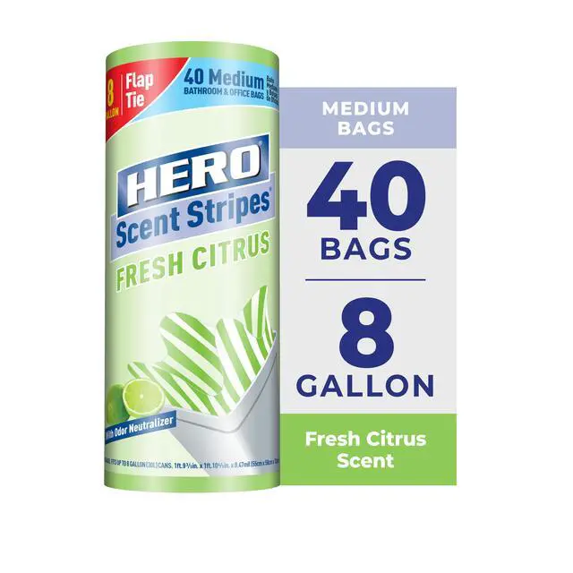 Alt view image 5 of 7 - Hero Scent Stripes 8-Gallon Citrus Scented Medium Flap Tie Trash Bags, 40 Count, 4 Pack
