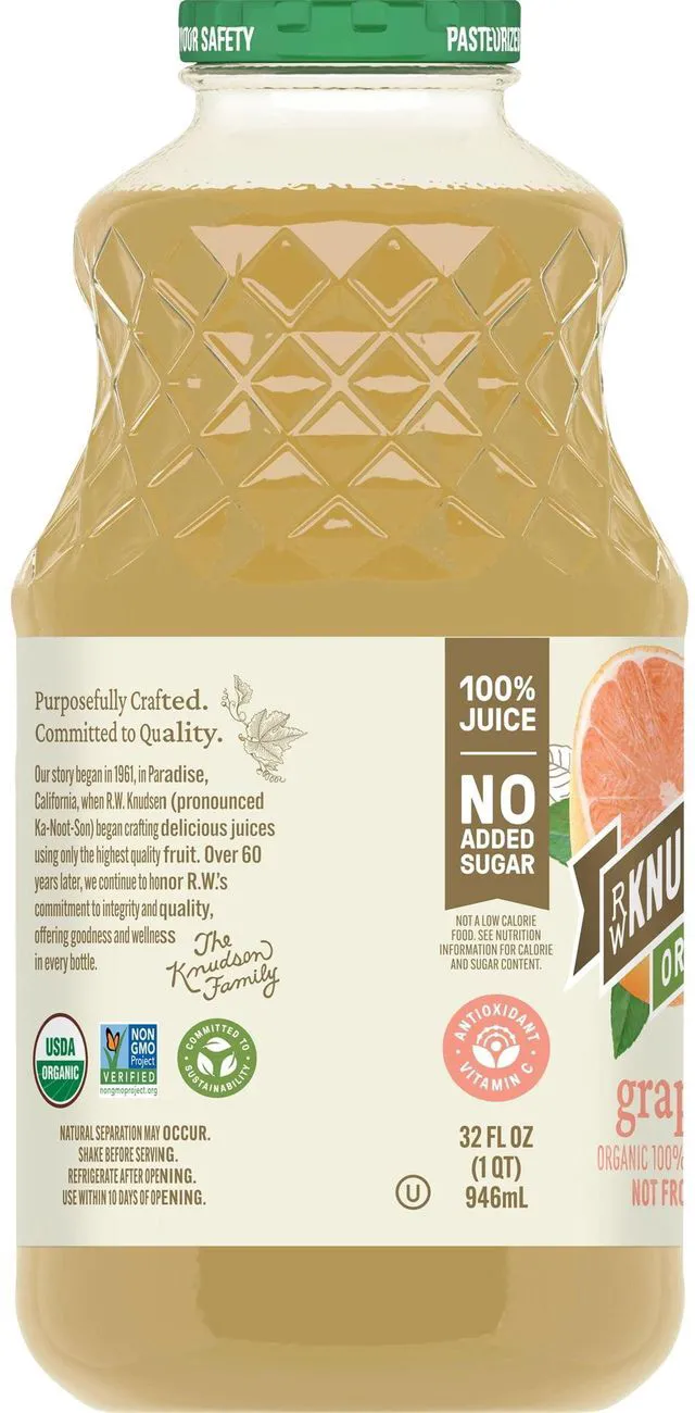 Alt view image 6 of 6 - R.W. Knudsen Family Organic Grapefruit Juice, Shelf-Stable, 32 oz, Glass Bottle