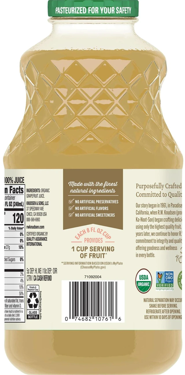Alt view image 5 of 6 - R.W. Knudsen Family Organic Grapefruit Juice, Shelf-Stable, 32 oz, Glass Bottle