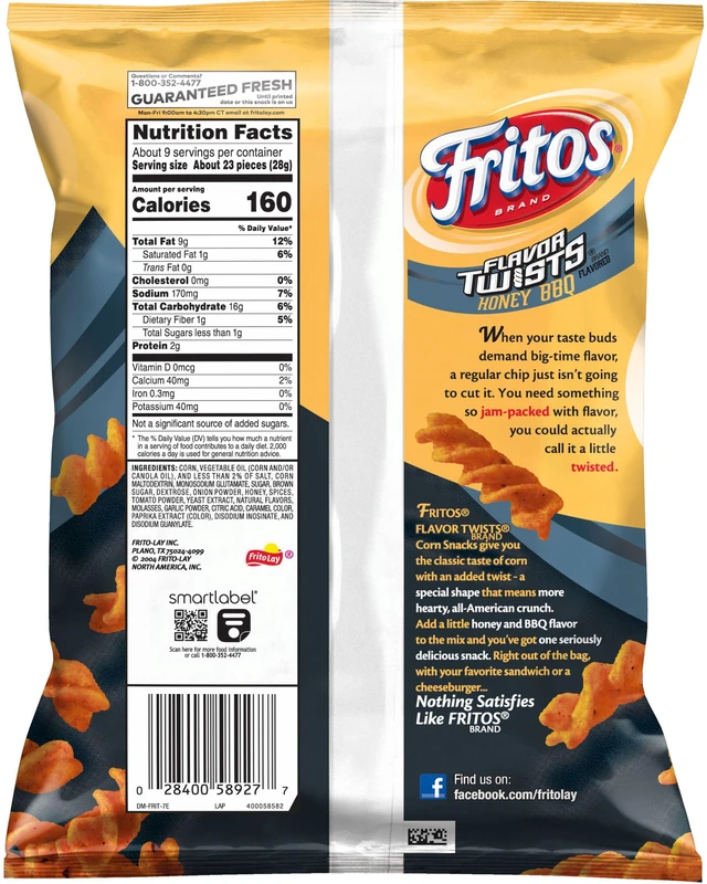 Alt view image 5 of 6 - Fritos Flavor Twists Honey BBQ Flavor Corn Snacks, 9.25 Ounce Bag (Pack of 4)