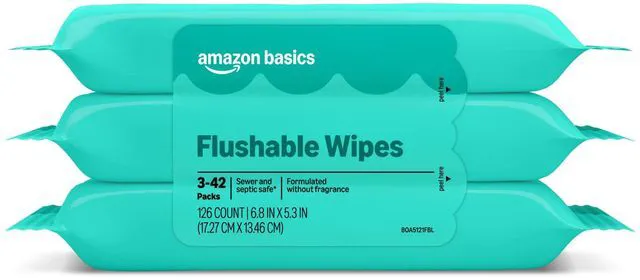 Main image of Amazon Basics Flushable Wipes, Fragrance Free, 126 Count (3 Packs of 42)