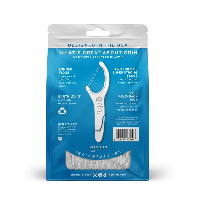Alt view image 5 of 6 - GRIN Double Flosspyx Floss Picks, 150 Count, Minty Flavor, Recycled Plastic, 2 Lines of Strong Floss, Longer Floss Head, Includes Safe Soft Fold-Back Tooth Pick