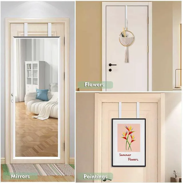Alt view image 3 of 7 - Over-the-Door Mirror Hanger Set, Adjustable with Protective Lining, 2 Pack Door Brackets, Perfect Height and Fit, Mirror Not Included, White