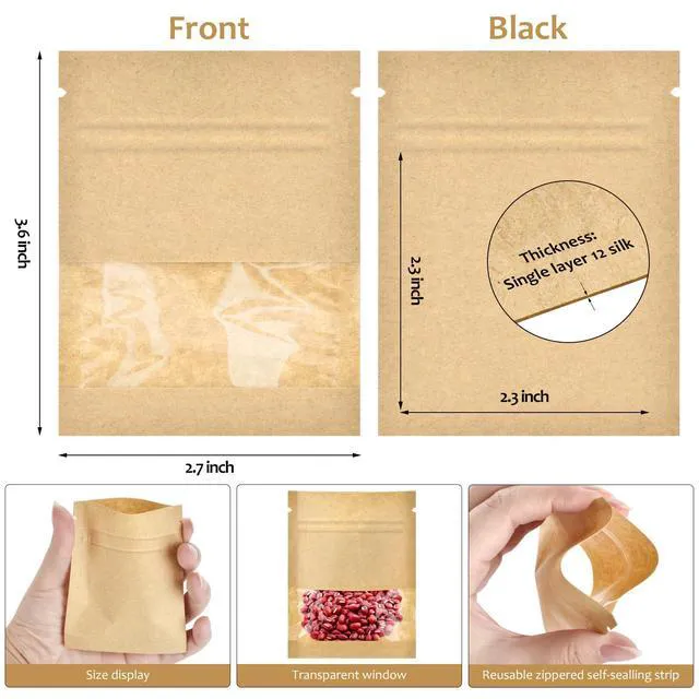 Alt view image 7 of 7 - 100 Pcs Resealable Kraft Seed Envelopes with Window, 2.7"x3.5" Mini Bags, Empty Seed Packets, Coffee Sample Bags, Food Spice Storage Bag