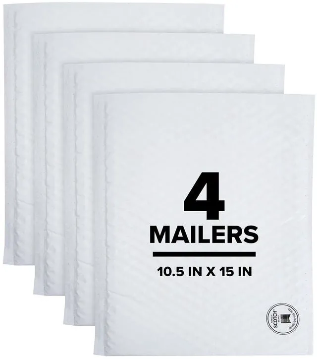 Main image of Scotch Poly Bubble Mailer, Large Size 5, White, Inside Dimensions 10.5in x 15in, Made with 50% Recycled Plastic