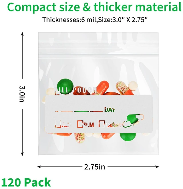 Alt view image 5 of 6 - Urekt Pill Pouch Bags (120 Pack), 6 Mil BPA Free Reusable, 3 x 2.75 Inch, Clear Ziplock Seal, Waterproof, Write on Label, AM PM, for Travel Medicine Organizer