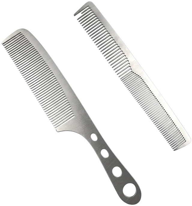 Main image of 2 Pcs Stainless Steel Fine Tooth Comb Set, Anti-Static Heat Resistant Hair Cutting & Styling Combs, Hollow Out Handle, Professional Barber Hairdressing Tool