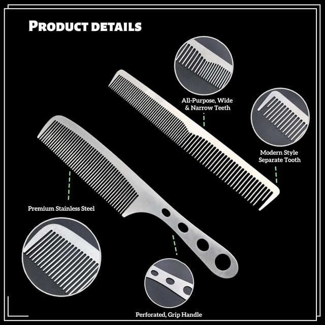 Alt view image 4 of 6 - 2 Pcs Stainless Steel Fine Tooth Comb Set, Anti-Static Heat Resistant Hair Cutting & Styling Combs, Hollow Out Handle, Professional Barber Hairdressing Tool