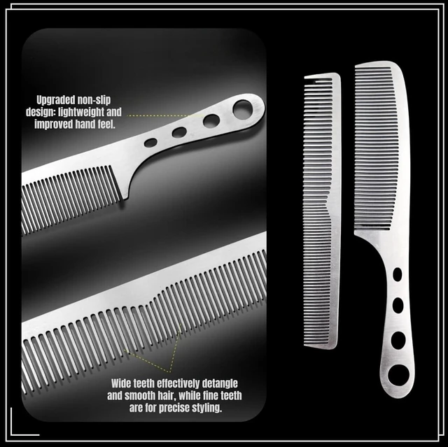 Alt view image 2 of 6 - 2 Pcs Stainless Steel Fine Tooth Comb Set, Anti-Static Heat Resistant Hair Cutting & Styling Combs, Hollow Out Handle, Professional Barber Hairdressing Tool
