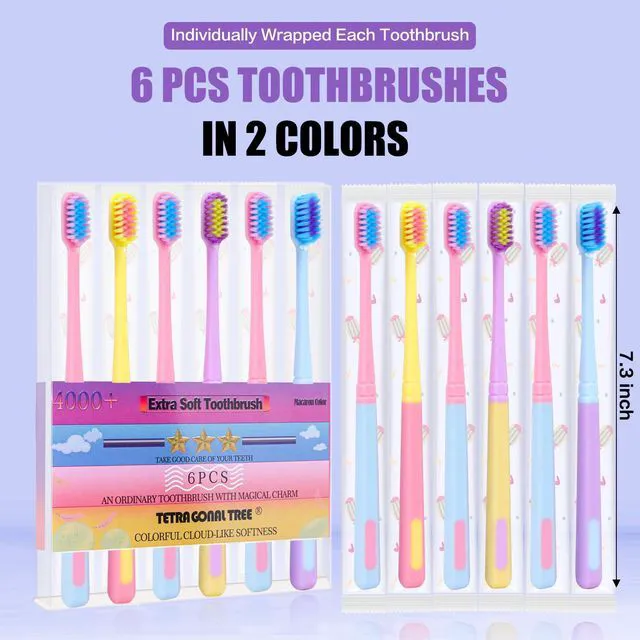 Alt view image 2 of 6 - 6 Pieces Individually Wrapped Extra Soft Toothbrush for Sensitive Teeth & Gums, 4000 Ultra-Soft Bristles, Compact Small Head, Macaron Color