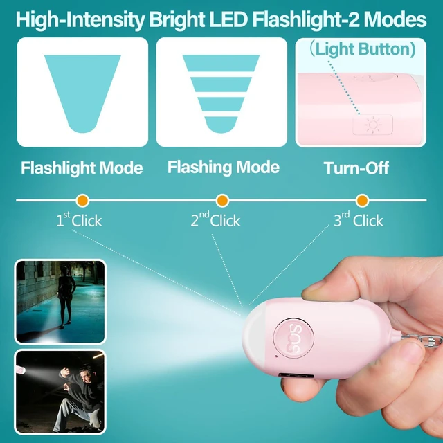Alt view image 5 of 6 - Hion Personal Safety Alarm 130dB Rechargeable Self Defense Keychain with LED Flashlight, Emergency Sound for Women, Children, Elderly, College Girls, Men, Pink