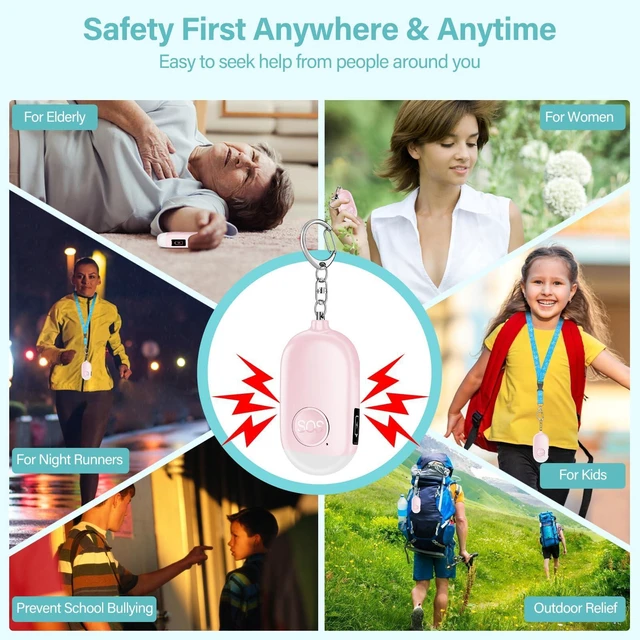 Alt view image 2 of 6 - Hion Personal Safety Alarm 130dB Rechargeable Self Defense Keychain with LED Flashlight, Emergency Sound for Women, Children, Elderly, College Girls, Men, Pink