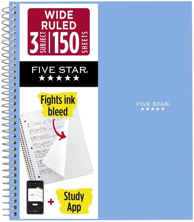 Main image of Five Star 73184 Spiral Notebook With Study App, 3 Subject, Wide Ruled, 8" x 10-1/2", 150 Sheets, Water Resistant Cover, Fights Ink Bleed, Tidewater Blue