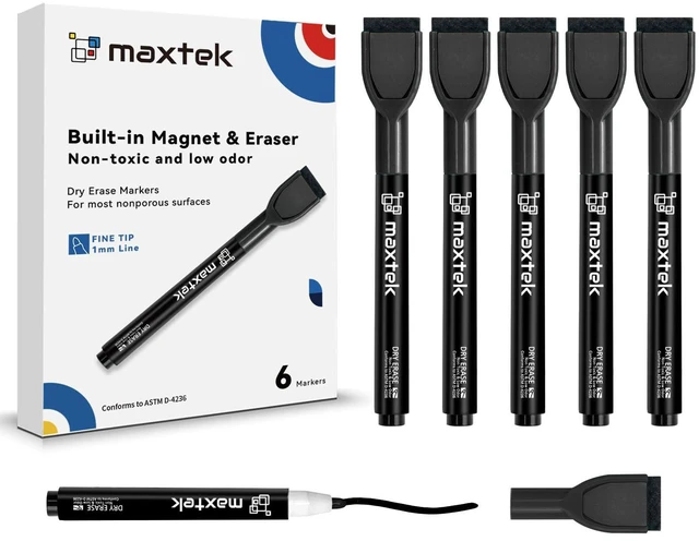 Main image of Maxtek Magnetic Black Dry Erase Markers, 6 Count, Fine Tip, with Eraser, Low Odor for Classroom, Office, Home