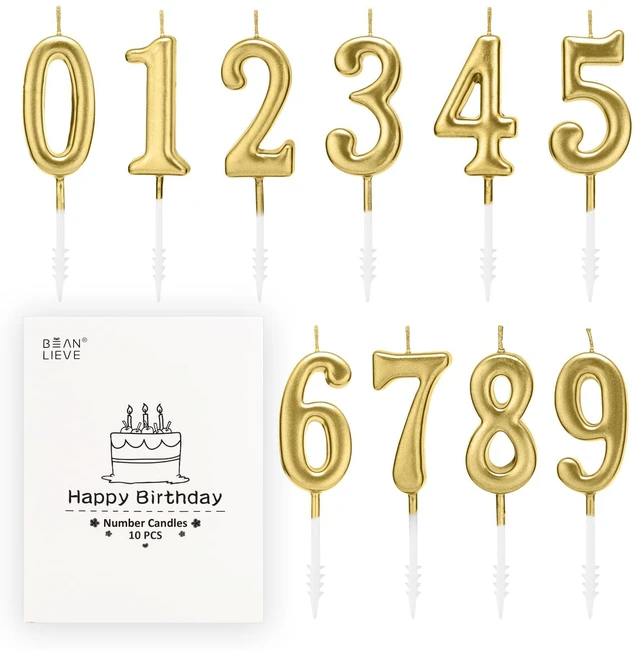 Main image of Beanlieve 10-Piece Numeral Birthday Candles, Numbers 0-9, Champagne Gold