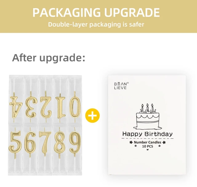 Alt view image 2 of 7 - Beanlieve 10-Piece Numeral Birthday Candles, Numbers 0-9, Champagne Gold