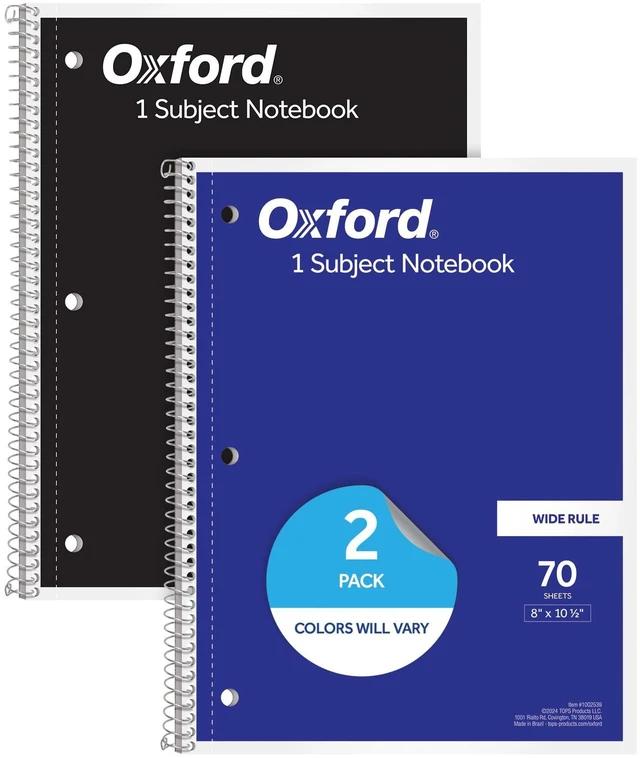 Main image of Oxford Spiral Notebooks, 2 Pack, 1 Subject, Wide Ruled, 8x10.5Inches, 70 Sheets, Assorted Colors (1002539)