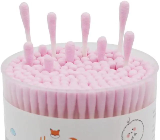 Alt view image 3 of 7 - 200 Count Organic Cotton Precision Pointed Swabs, Double Sided, Tightly Wrapped, Paper Stick, Soft, Lint-Free, Pointy & Round, Pink