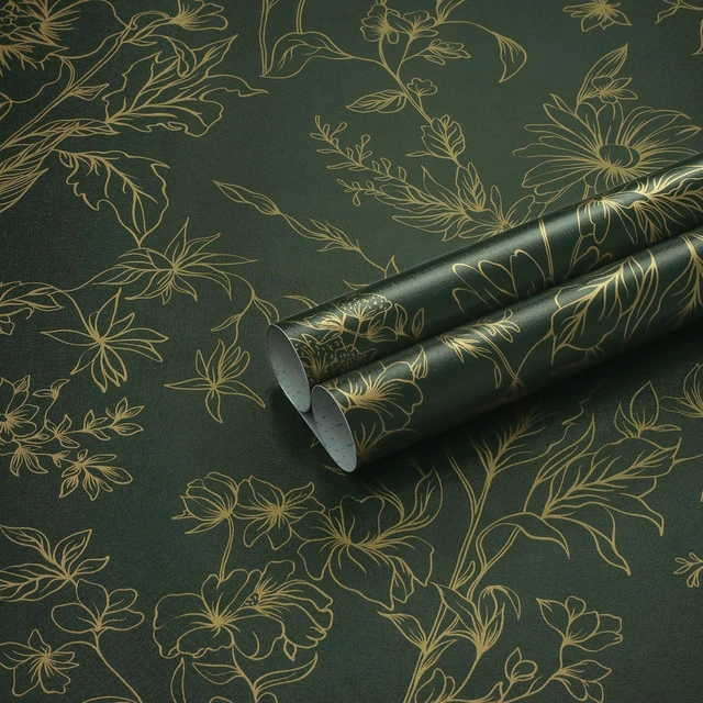 Main image of Hopepak Gold and Green Floral Peel and Stick Wallpaper 17.3" x 78.7" Self-Adhesive Removable Waterproof Vinyl Roll for Bedroom, Bathroom, Living Room
