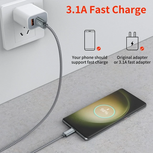 Alt view image 2 of 6 - USB-C Cable 2-Pack 3FT Nylon Braided Fast Charging Sync Cord Compatible with iPhone 17 Air/16 Pro Max, Samsung Galaxy S10 Plus, Google Pixel 2 (Gray)