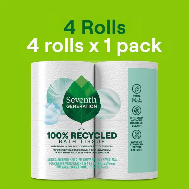 Alt view image 3 of 7 - Seventh Generation 100% Recycled 2-Ply Bath Tissue, 4 Rolls of 240 Sheets, Extra Soft & Strong, Whitened without Chlorine Bleach, No Dyes or Fragrances, Septic Safe