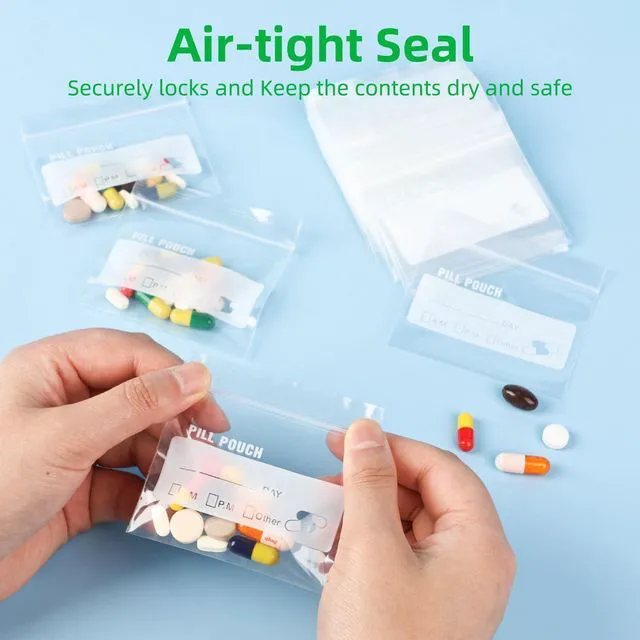 Alt view image 6 of 6 - Urekt Pill Pouch Bags 120 Pack, 6 Mil BPA Free Reusable 3x2.75 Inch with Write-on Label Clear Ziplock Seal Waterproof AM PM for Travel Medicine Organizer