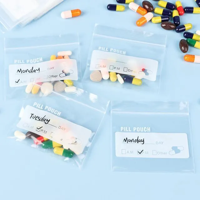 Alt view image 2 of 6 - Urekt Pill Pouch Bags 120 Pack, 6 Mil BPA Free Reusable 3x2.75 Inch with Write-on Label Clear Ziplock Seal Waterproof AM PM for Travel Medicine Organizer