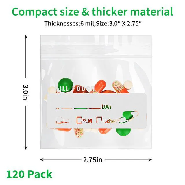 Alt view image 5 of 6 - Urekt Pill Pouch Bags 120 Pack, 6 Mil BPA Free Reusable 3x2.75 Inch with Write-on Label Clear Ziplock Seal Waterproof AM PM for Travel Medicine Organizer