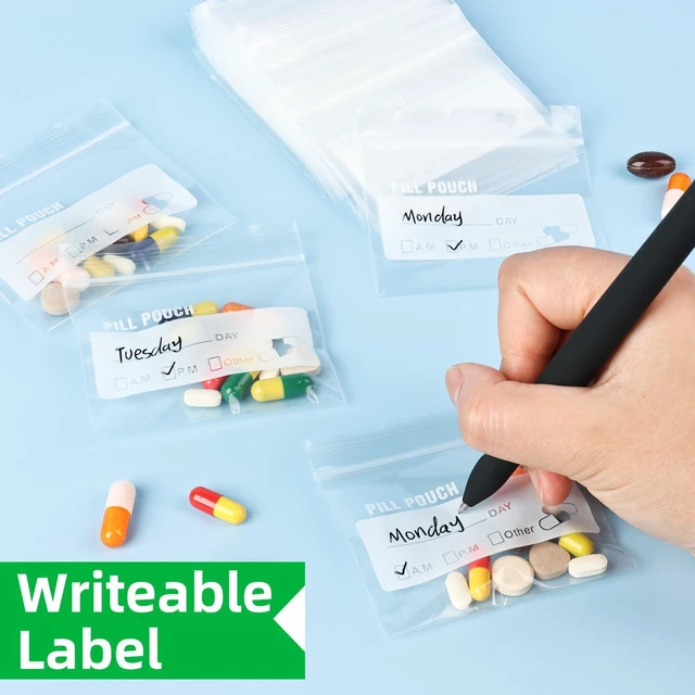 Alt view image 3 of 6 - Urekt Pill Pouch Bags 120 Pack, 6 Mil BPA Free Reusable 3x2.75 Inch with Write-on Label Clear Ziplock Seal Waterproof AM PM for Travel Medicine Organizer