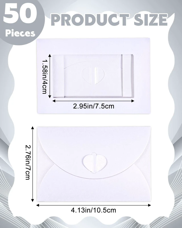 Alt view image 5 of 7 - EORTA 50Pcs Mini Envelopes with View Window Kraft Paper Heart Clasp Closure 4.13x2.76in White for Wedding Business Invitations Greeting Cards