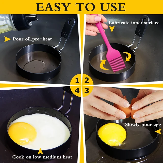 Alt view image 5 of 5 - 2-Pack Round and Square Egg Rings Set with Silicone Handle, Stainless Steel, Nonstick, for Frying Eggs, English Muffins, and Pancakes