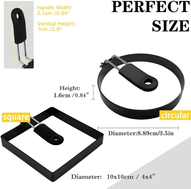 Alt view image 4 of 5 - 2-Pack Round and Square Egg Rings Set with Silicone Handle, Stainless Steel, Nonstick, for Frying Eggs, English Muffins, and Pancakes