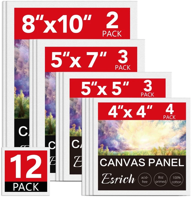 Main image of ESRICH Canvas Boards 12 Pack - 4x4, 5x5, 5x7, 8x10 Blank Cotton Primed Canvas Panels for Acrylic, Oil, Gouache & Tempera
