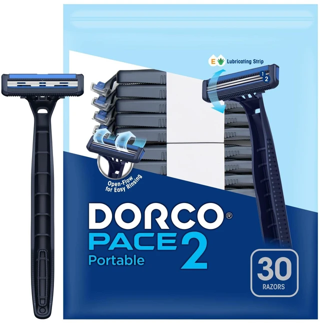 Main image of Dorco Pace 2 Disposable Razors for Men, 30ct, 2-Blade, Open-Flow, Lubricating Strip, for Travel and Everyday Use