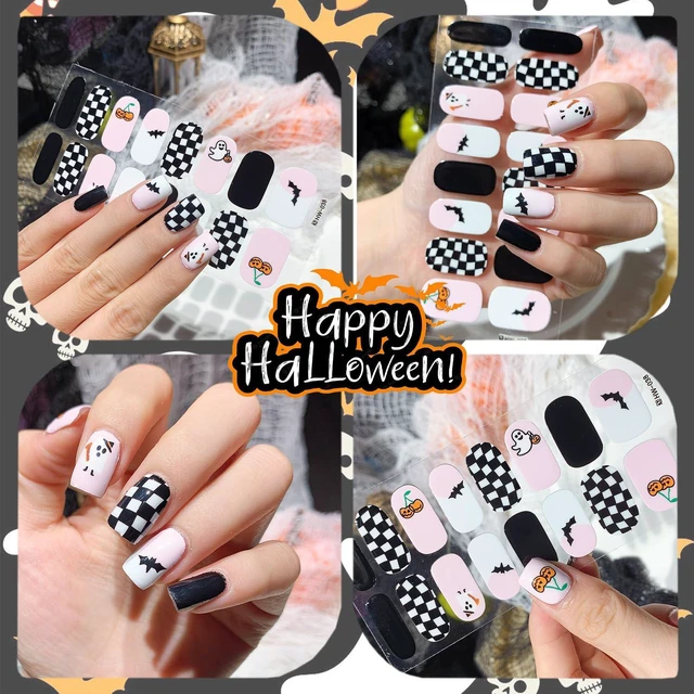 Alt view image 6 of 7 - 6 Sheets Halloween Gel Nail Wraps Spider Web Flower Ghost Bat Pumpkin Spider Self-Adhesive Nail Stickers for Women