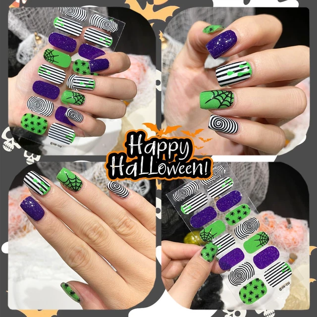 Alt view image 3 of 7 - 6 Sheets Halloween Gel Nail Wraps Spider Web Flower Ghost Bat Pumpkin Spider Self-Adhesive Nail Stickers for Women