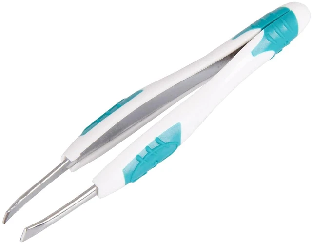 Main image of LEADER Slant Tip Precision Tweezers, Stainless Steel, Non-Slip Rubber, Easy Grip, for Eyebrows, Facial Hair, Splinter and Ingrown Hair Removal