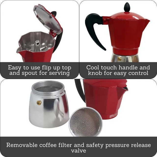 Alt view image 3 of 6 - IMUSA USA B120-42T Aluminum Stovetop Coffeemaker Espresso Machine 3-Cup Red