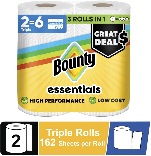 Main image of Bounty Essentials Select-A-Size Paper Towels, 2 Triple Rolls, 162 Sheets per Roll, White