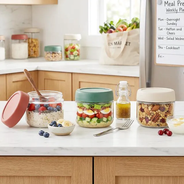 Alt view image 2 of 6 - 3Pack 10oz Glass Overnight Oats Containers with Screw Lids, Wide Mouth Storage Jars for Salad Dressing, Fruit, Veggies, Sauce, Snacks, Meal Prep