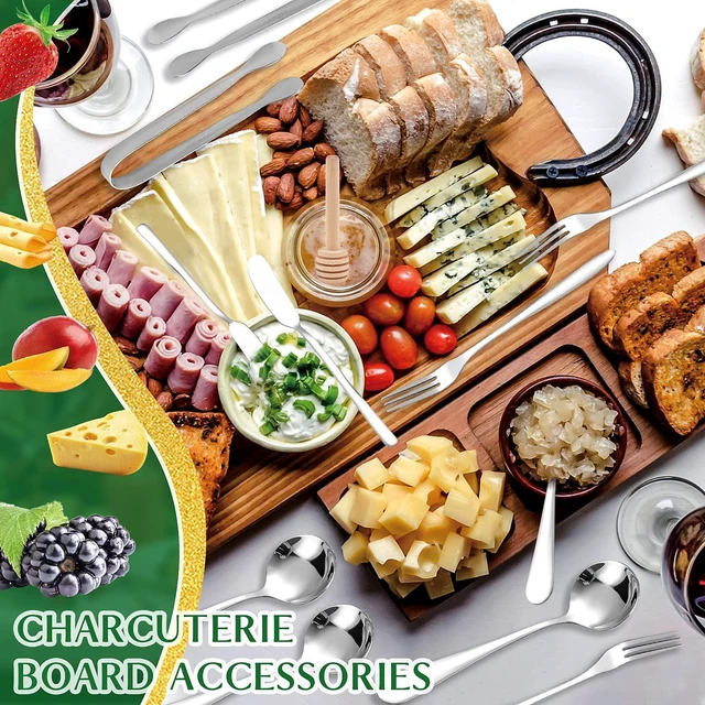 Alt view image 5 of 7 - 18 Pieces Silver Stainless Steel Charcuterie Board Accessories Set with Spreader Knives, Mini Serving Tongs, Spoons, Forks and Honey Dippers