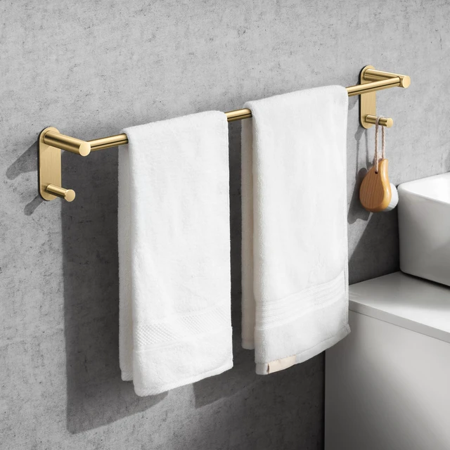 Main image of 24Inch Adhesive Towel Bar with 2 Hooks, No Drill, Brushed Gold